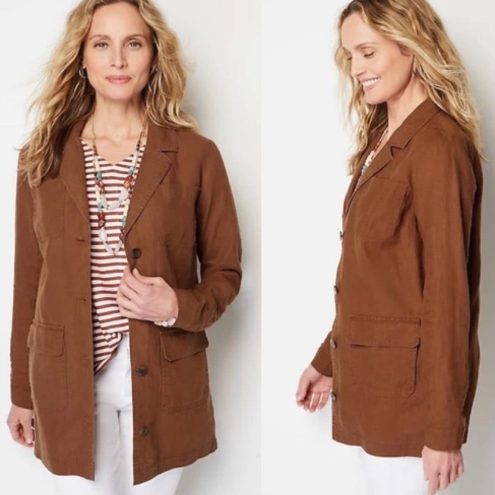 J. Jill Love Linen Longline Utility Jacket Lagenlook Auburn Brown Medium